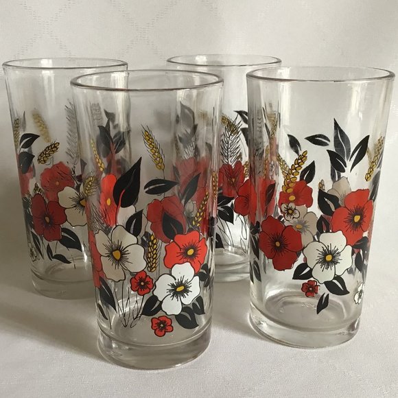 Set of Four Vintage Glass Tumbler with Floral Design Vintage - Picture 1 of 4